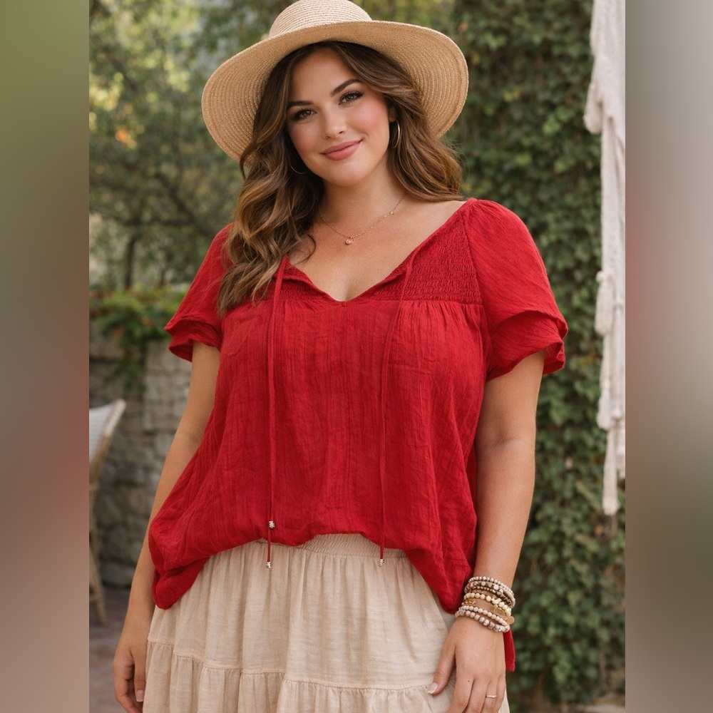 Counterparts Red Boho Peasant Blouse Size L | Smocked Yoke